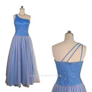 Vintage Prom Dress Maxi Gown 10 Blue Y2K Bead Tulle Shoulder Ball Cinderella